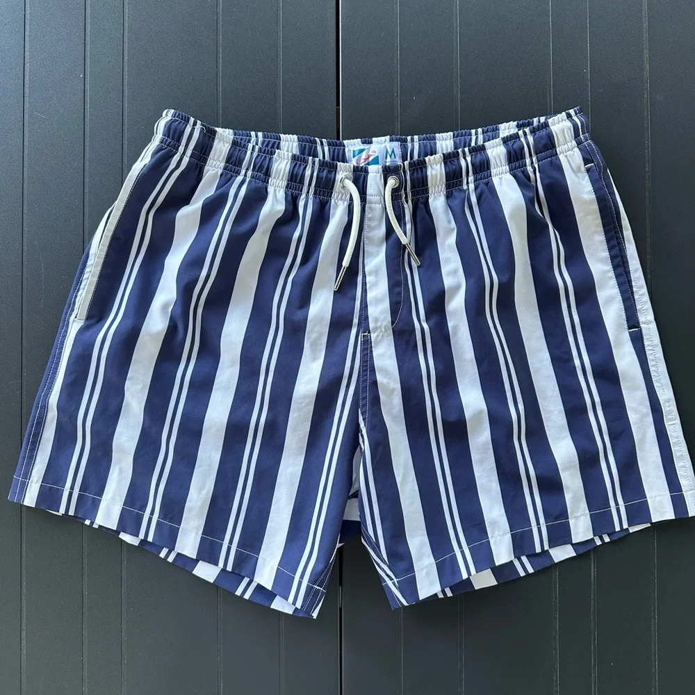 Navy & White Vertical Stripe Swim Trunks